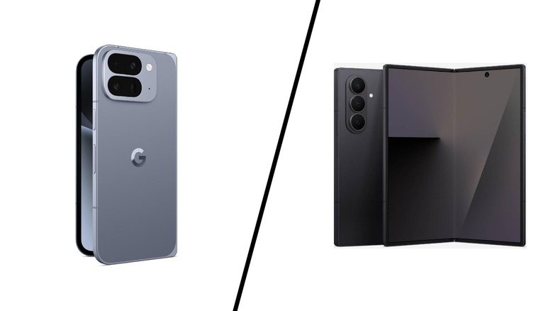 Google Pixel 10 Pro Fold and Samsung Galaxy Z Fold 7 on a white background separated by a vertical line