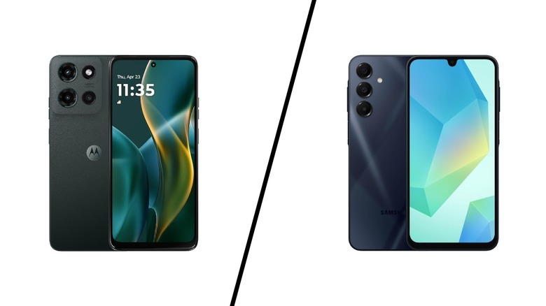 Moto G 2025 and Samsung Galaxy A16 on a white background separated by a vertical line