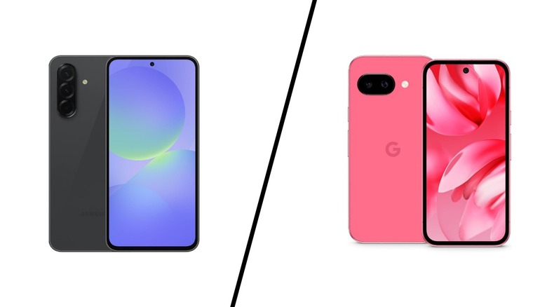 Samsung Galaxy A36 and Google Pixel 9a on a white background separated by a vertical line