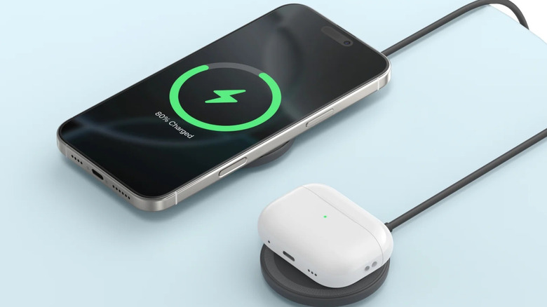 An iPhone and an AirPod case being charged using the Anker Zolo Magnetic Wireless Charger