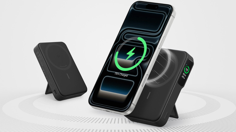 Anker MagGo Power Bank wirelessly charging an iPhone.