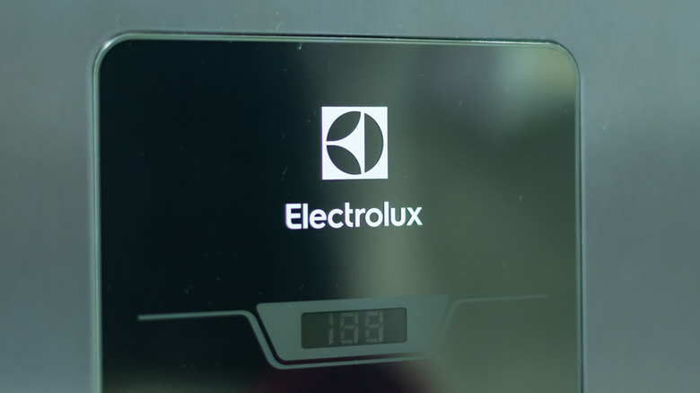 Electrolux logo on front of fridge door.