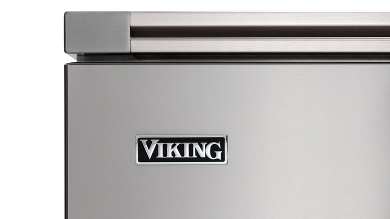 Viking logo on a freezer door.