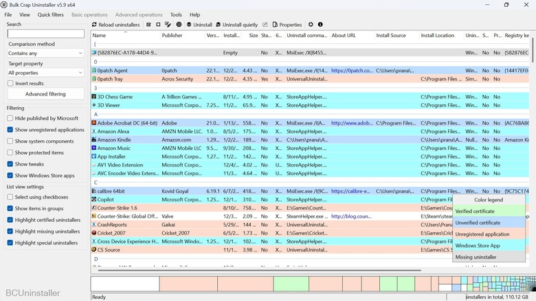 Bulk Crap Uninstaller app showing installed app list