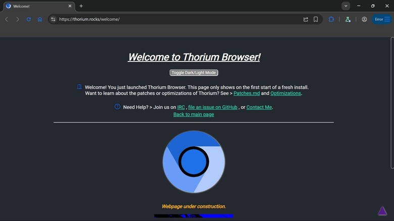 Thorium Browser's welcome page opened in the Thorium Browser