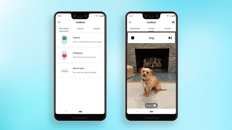 Lookout app with different modes and scanning a dog