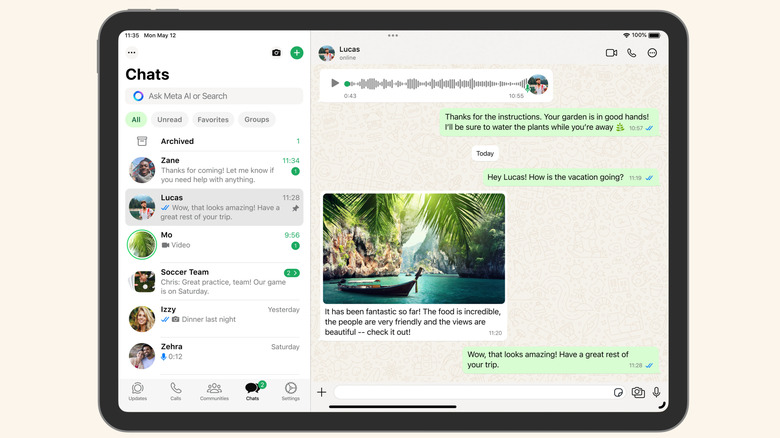 WhatsApp being displayed on an iPad screen.