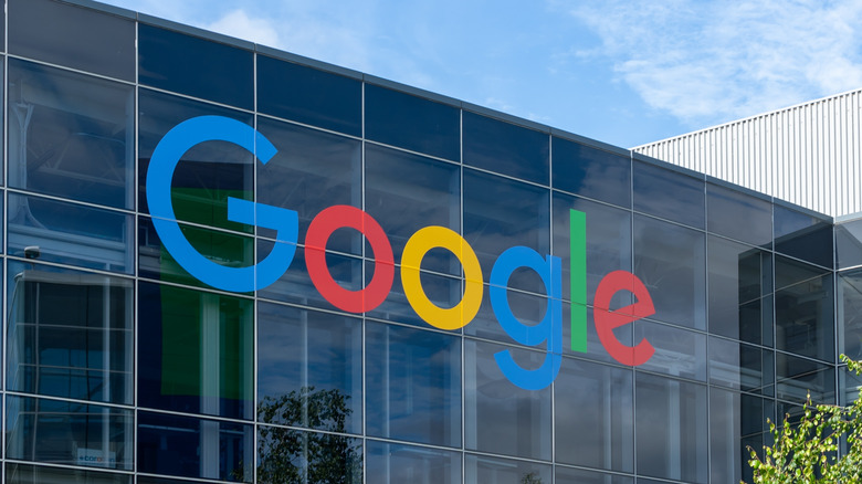 Close up of the Google logo sign on the building