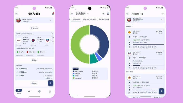 Fuelio app showing nearby gas station, expenses chart, and mileage log on an Android phone