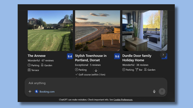 Screenshot of a conversation with ChatGPT showing holiday properties from Booking.com