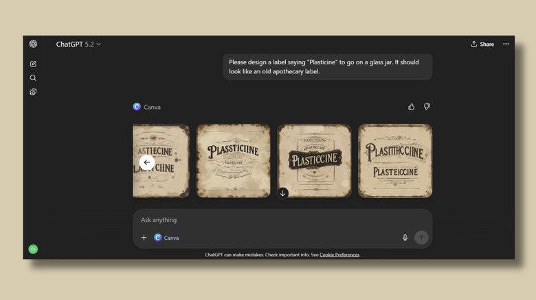 A screenshot of a ChatGPT conversation with the integrated Canva app. Shown is a request to make a label saying "Plasticine" and multiple misspelled results.