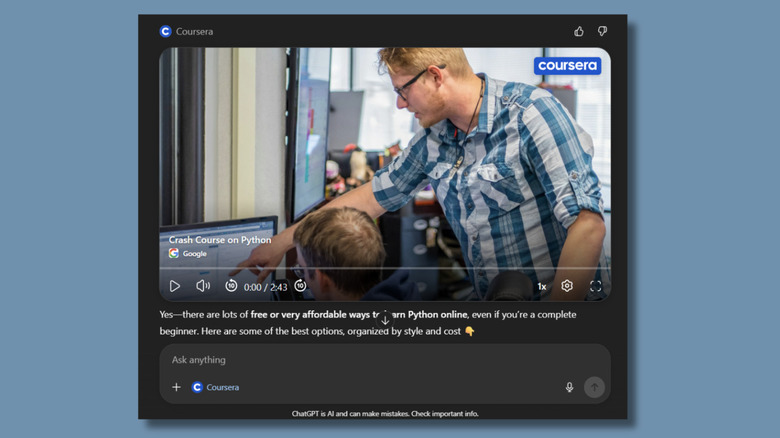 Screenshot of a ChatGPT response showing a link to a Coursera course