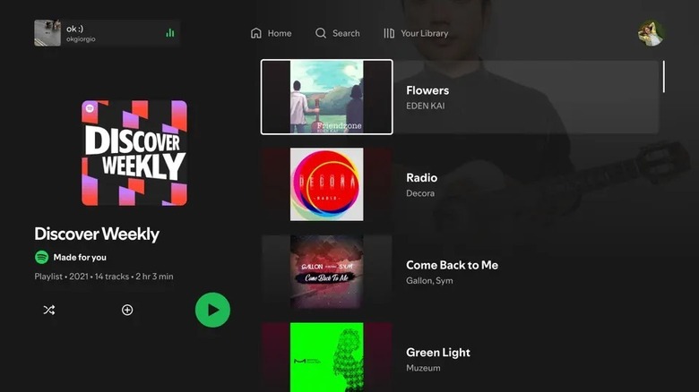 Discover Weekly section in the Spotify Apple TV app interface