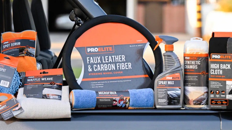 a collection of autozone proelite accessories and cleaning supplies