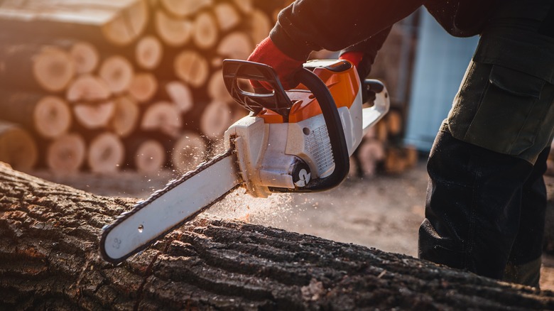 man using Stihl chainsaw 