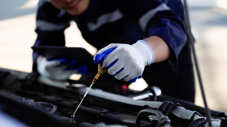 Mechanic checking oil level