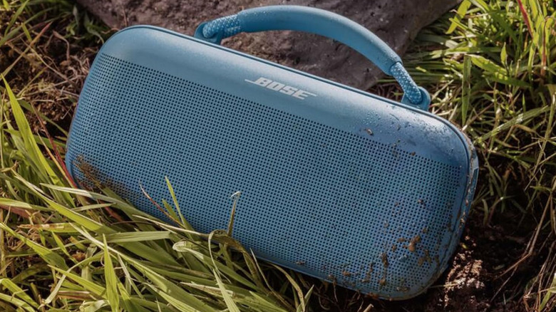 A blue Bose Soundlink Max on a patch of wet dirt.