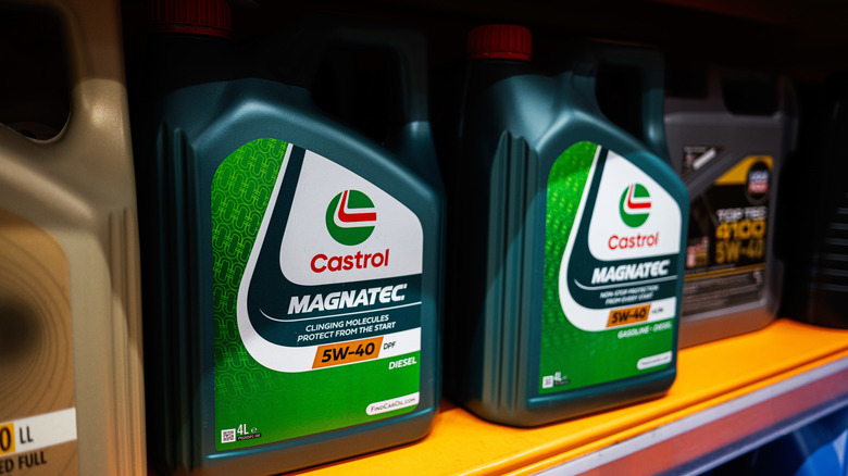 Bottles of Castrol motor oil on a retail shelf