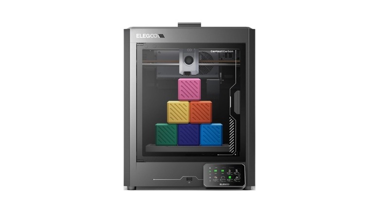 An Elegoo Centauri Carbon with a few cubes inside