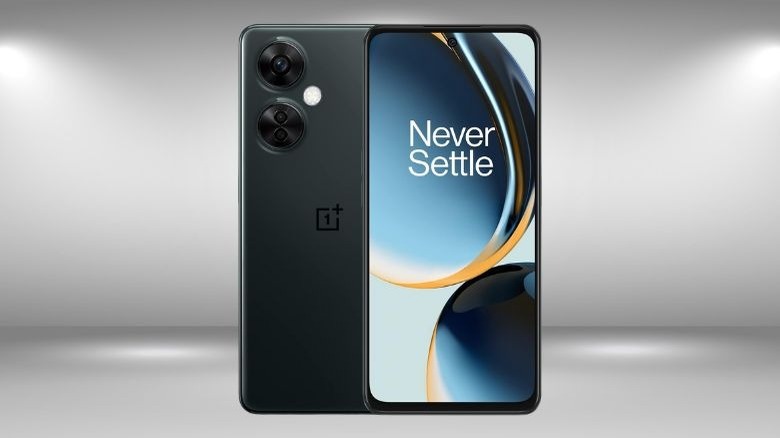 OnePlus Nord N30 phone against a grey background with "Never Settle" on the screen