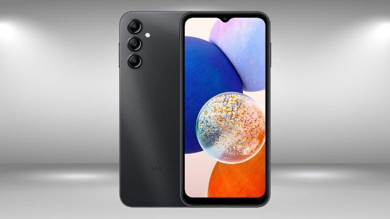 Samsung Galaxy A14 5G against a grey background