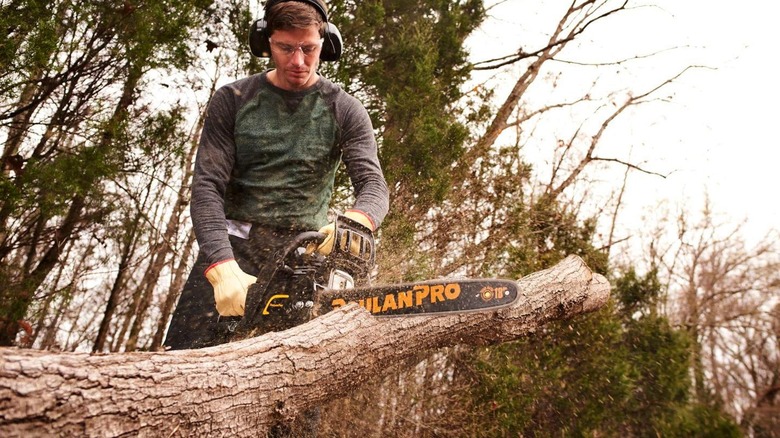 Man sawing tree with a Poulan Pro PR4218 chainsaw
