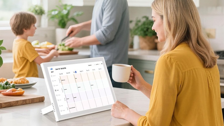 woman using tabletop digital calendar
