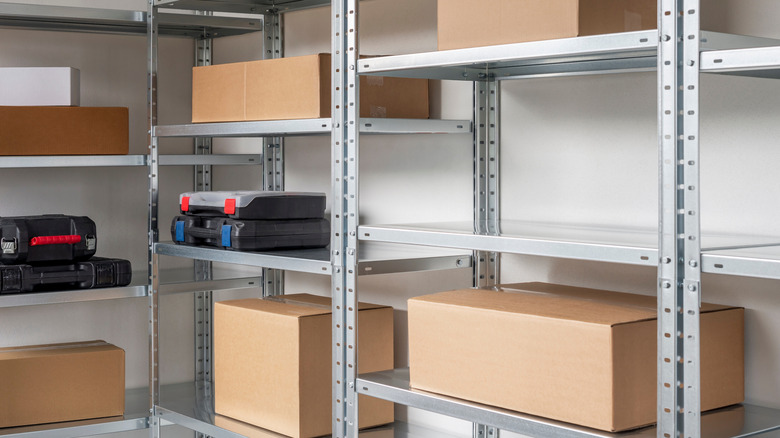 Metal shelving with storage boxes
