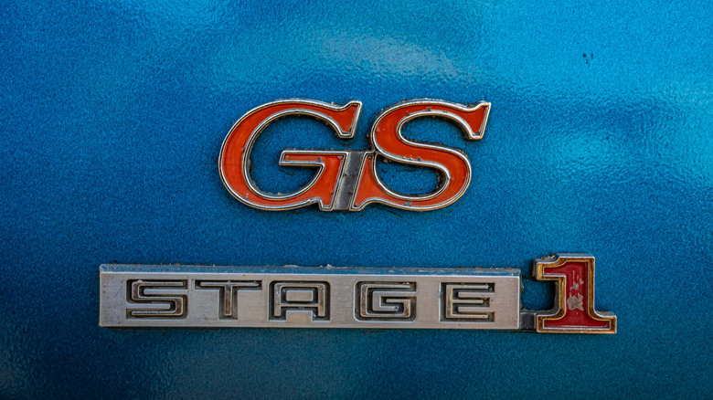 Close up of red Buick GS emblem on blue 1970s Buick GS Stage 1.