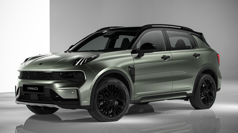 Lynk & Co. 01 PHEV parked on stage, front-left view
