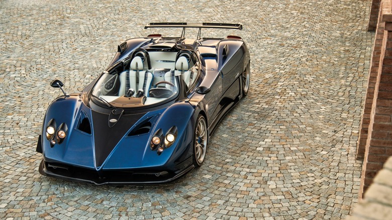 Blue Pagani Zonda HP Barchetta parked on cobblestones