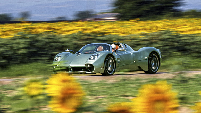 Pagani Utopia driving past a field of flowers