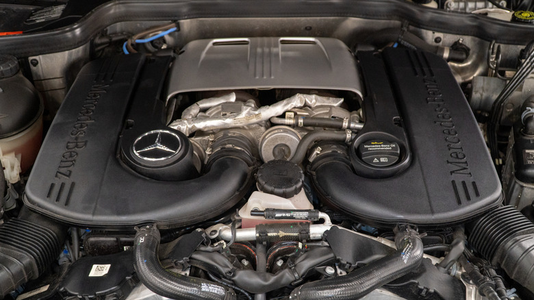 A close-up of a V8 Mercedes engine bay of a G-Class.