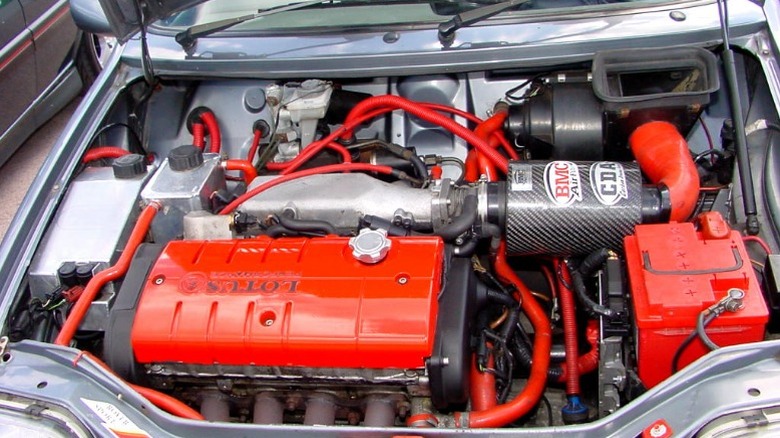 An engine bay with a modified engine