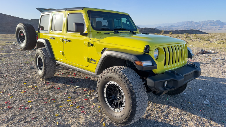 Jeep Wrangler Unlimited parked in the Nevada desert in the evening.