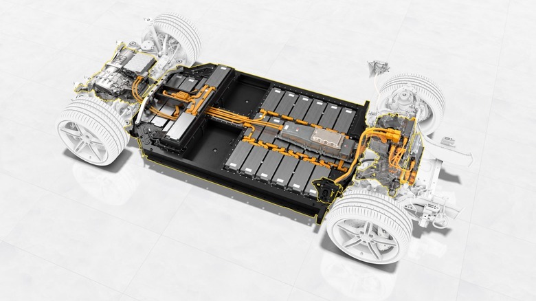 Cutaway view of battery and battery housing on Porshce Taycan EV.