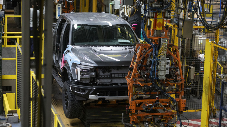 Front overhead view of Ford F-Series pickup truck on Ford assembly line.