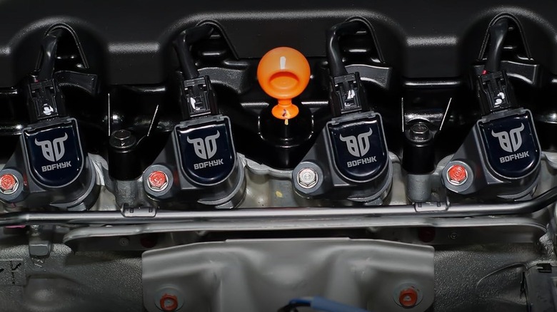 An ignition coil pack in a car engine.