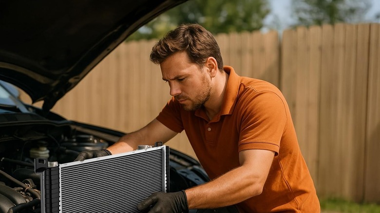 A man putting a radiator into his car.