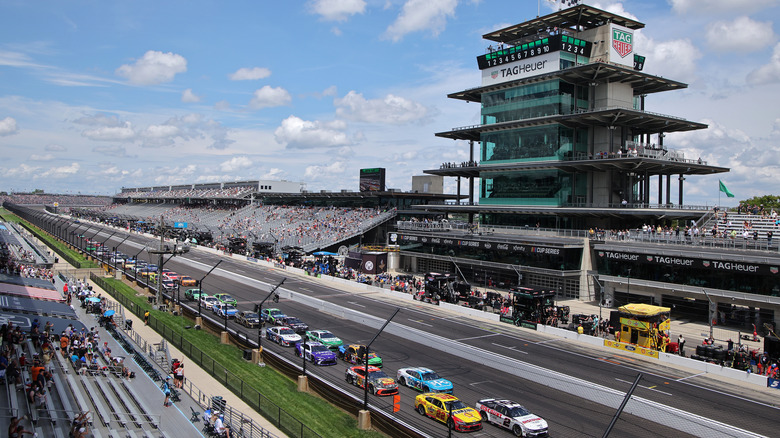 An aerial view of a NASCAR race at Indianapolis Motor Speedway