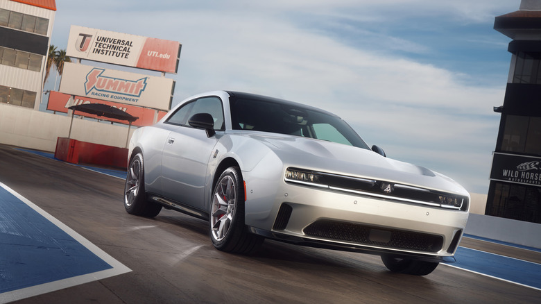Dodge Charger Daytona EV at drag strip, front-right view
