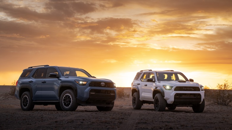 Blue and white 2026 Toyota 4Runners in desert at sunset