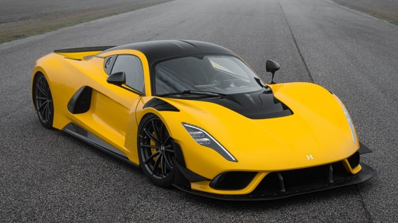 Yellow Hennessey Venom F5 Evolution parked on asphalt