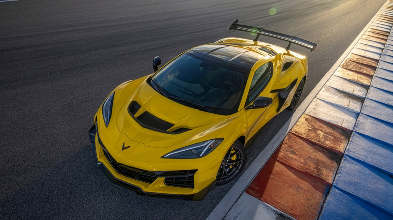 An overhead shot of a yellow Chevrolet Corvette ZR1 parked on track