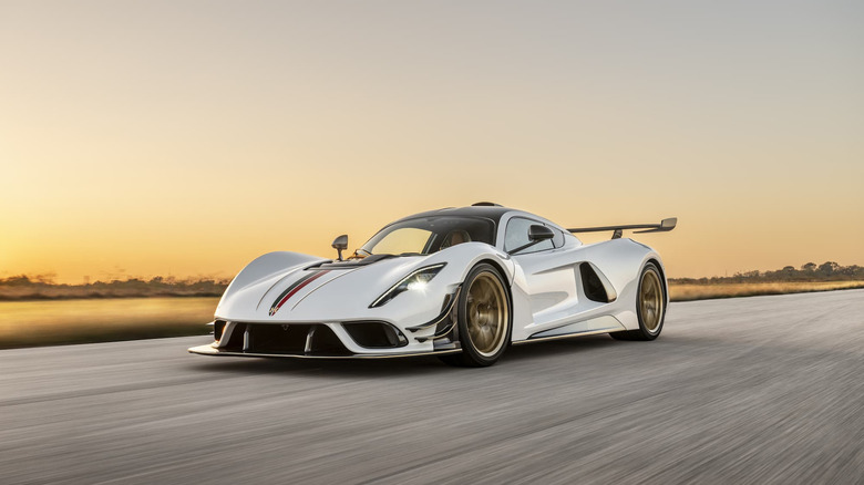 A side on shot of a white Hennessey Venom F5 Revolution parked
