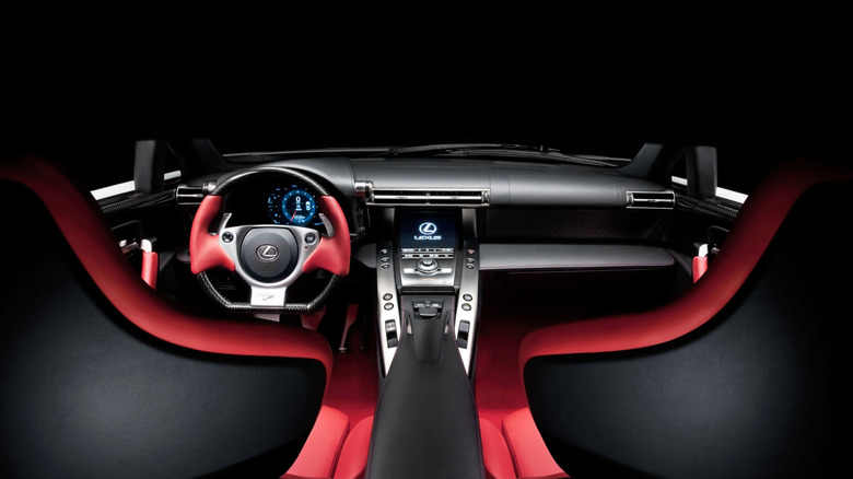 Lexus LFA interior dashboard with red leather seats and steering wheel