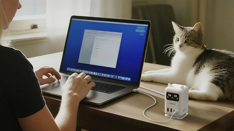 White charging station that resembles a cat