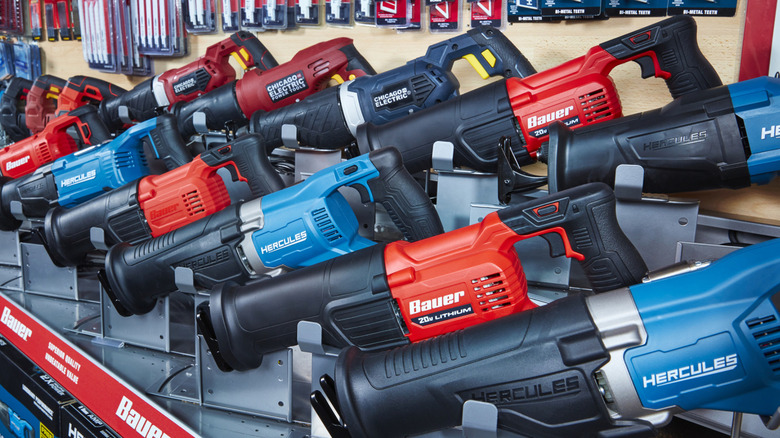 Reciprocating saws from Hercules and Bauer in a store.