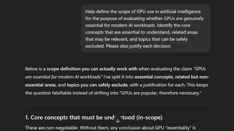 Example of ChatGPT research prompt with answer. The prompt reads: Sample prompt (adaptable):  "Help define the scope of [topic] for the purpose of [goal or output]. Identify the core concepts that are essential to understand, related areas that may be relevant, and topics that can be safely excluded. Also justify each decision."