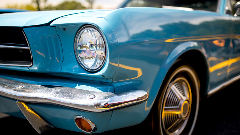 Closeup of a blue classic car